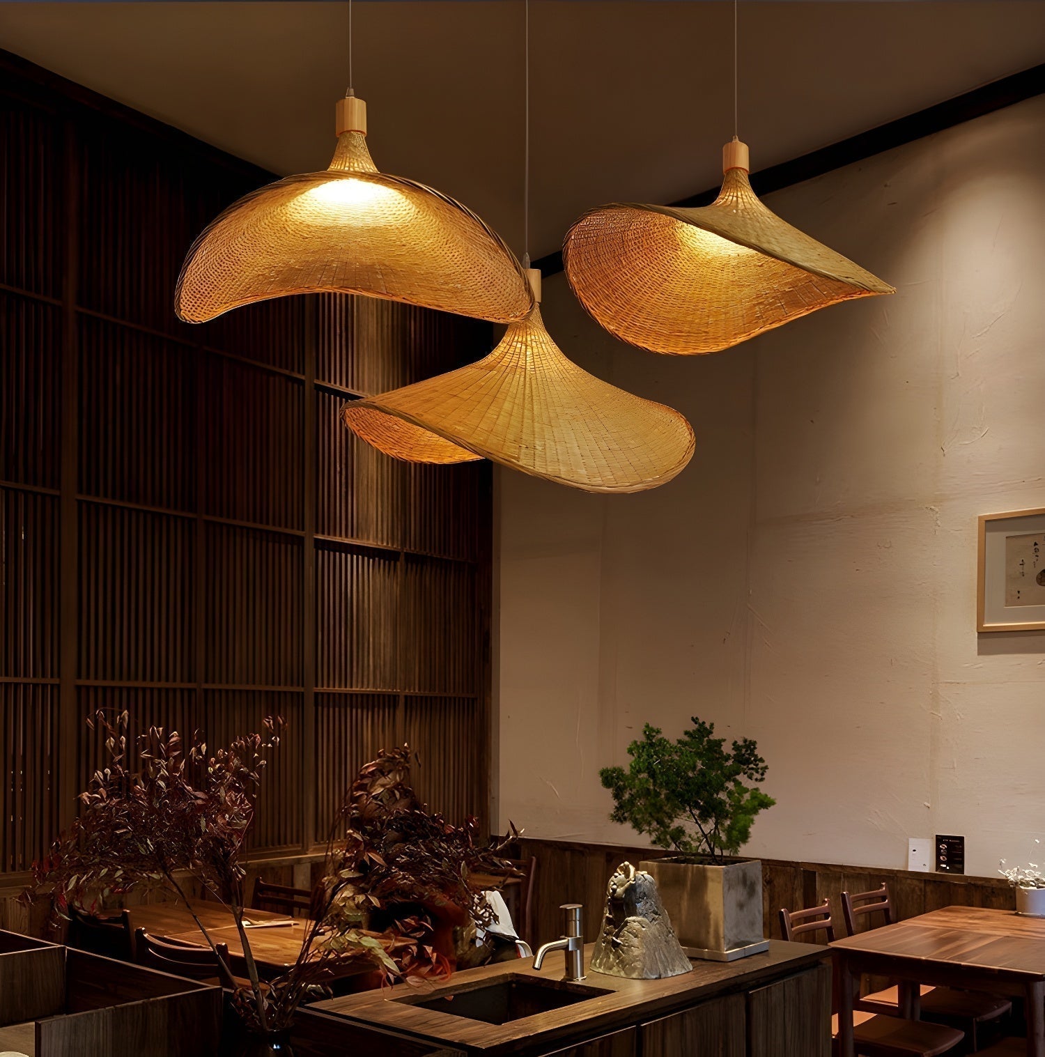 Natural Rattan Weave Hat Pendant Light Boho Style Woven Ceiling Hanging Lamp