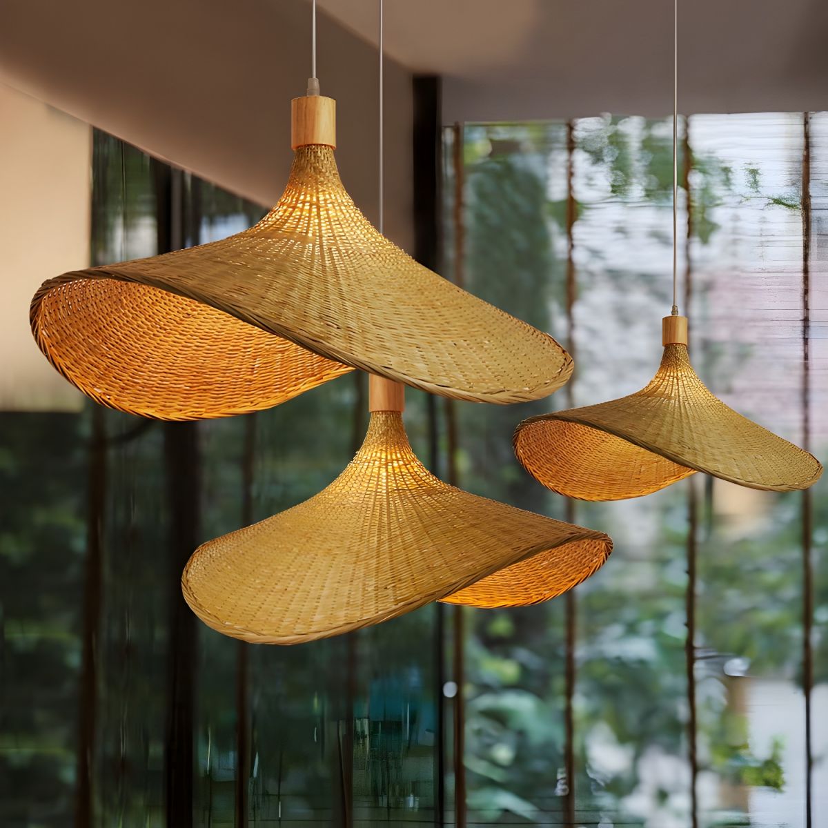 Natural Rattan Weave Hat Pendant Light Boho Style Woven Ceiling Hanging Lamp