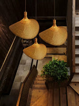 Natural Rattan Weave Hat Pendant Light Boho Style Woven Ceiling Hanging Lamp
