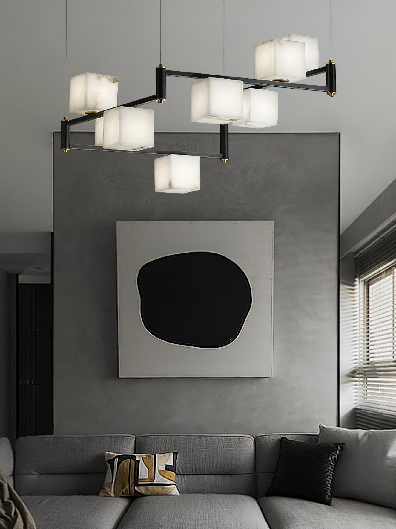 Natural Snowflake Alabaster Square Box Chandelier Lighting Fixture