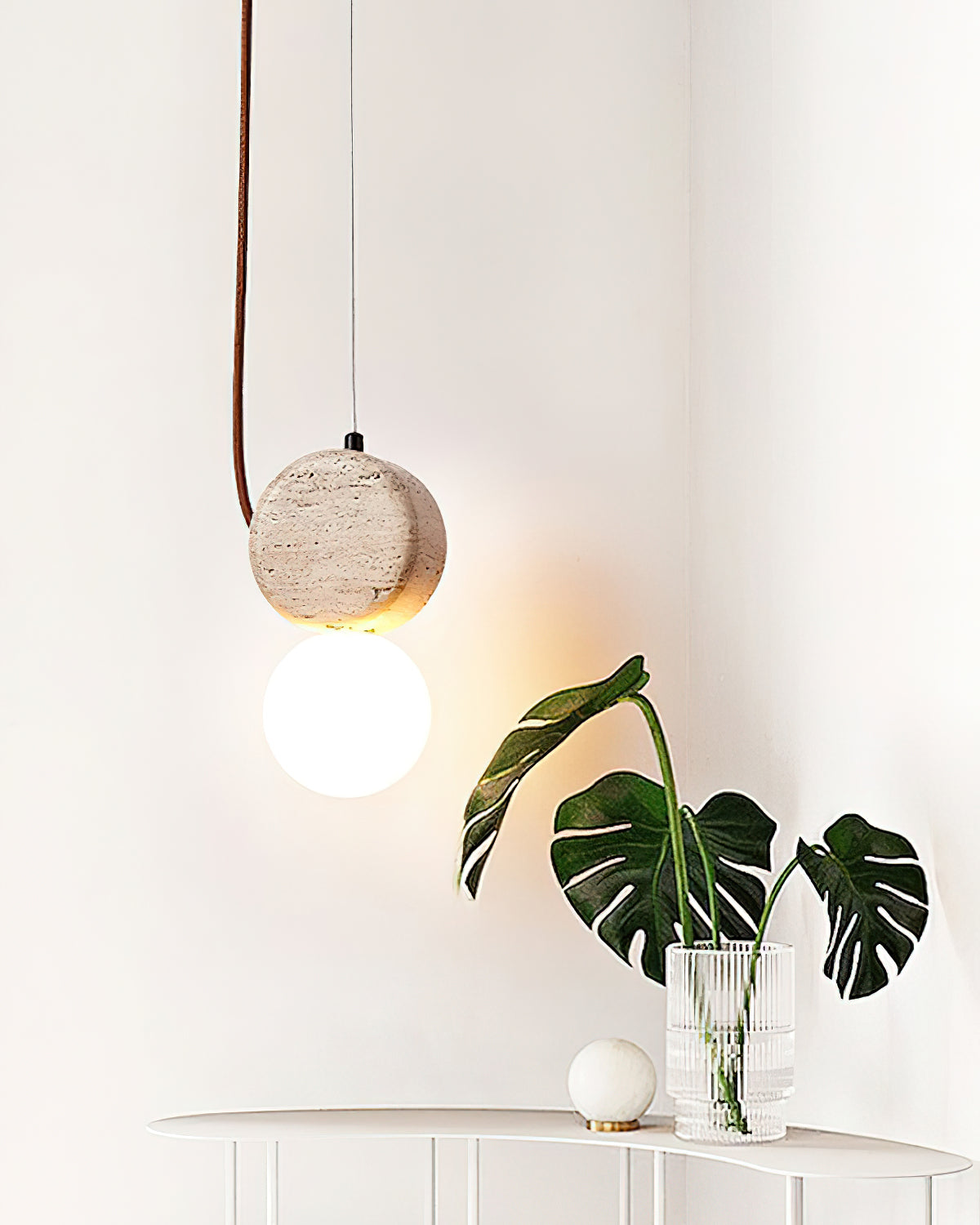Natural Stone Travertine Pendant Light with White Glass Shade Elegant Hanging Lamp