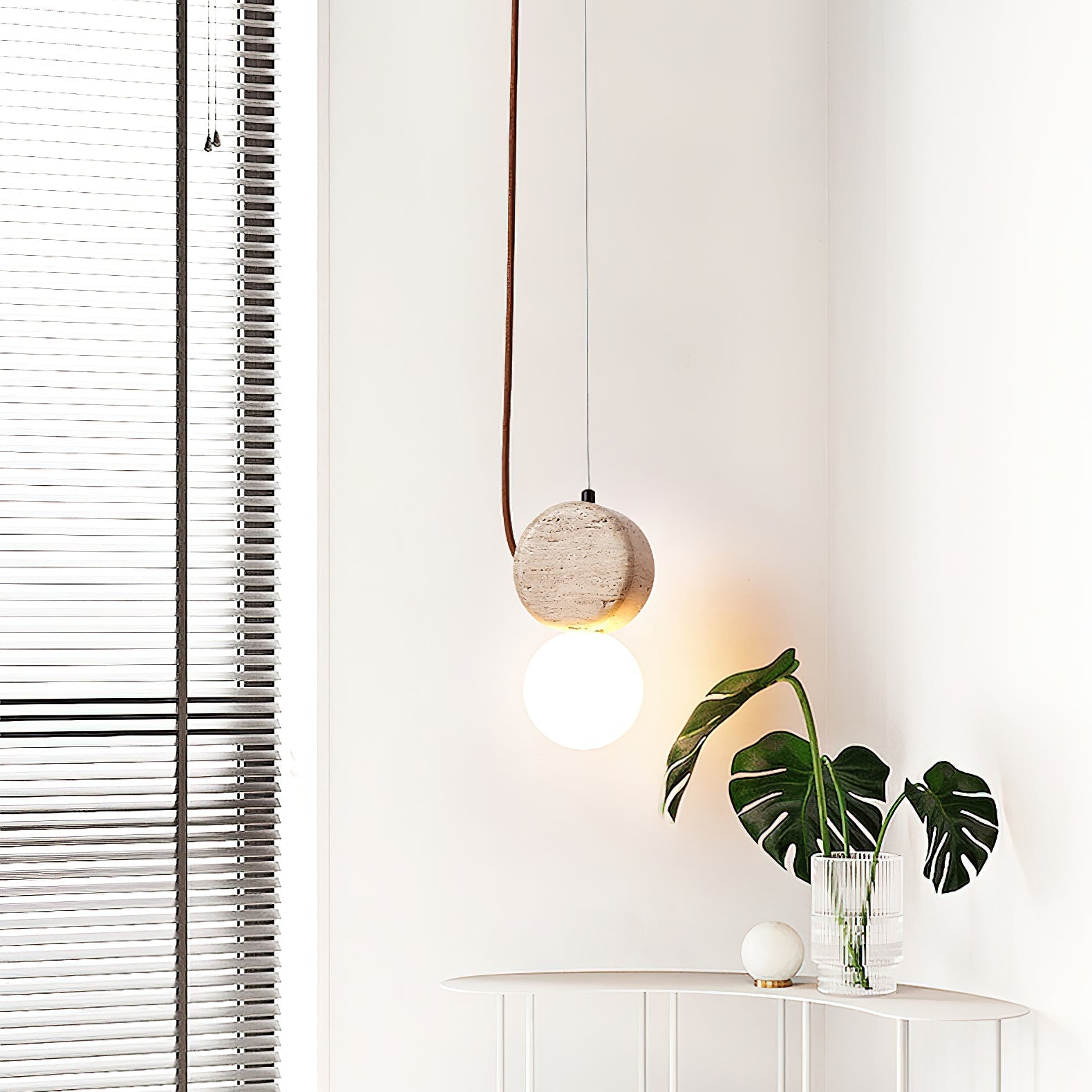 Natural Stone Travertine Pendant Light with White Glass Shade Elegant Hanging Lamp