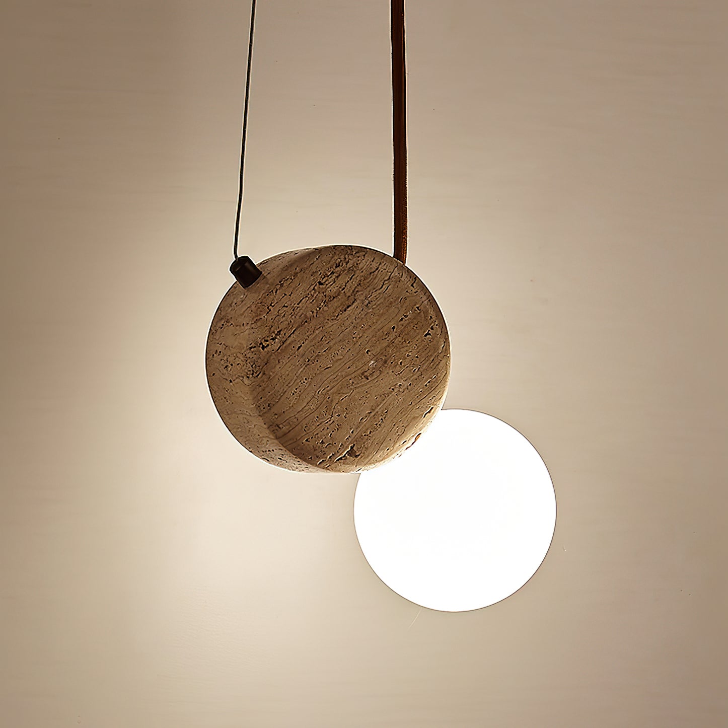 Natural Stone Travertine Pendant Light with White Glass Shade Elegant Hanging Lamp