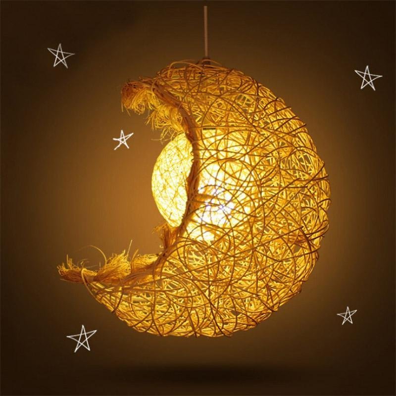 Natural Wicker Rattan Moon Pendant Light Farmhouse Boho Ceiling Hanging Lamp for Nursery Bedroom