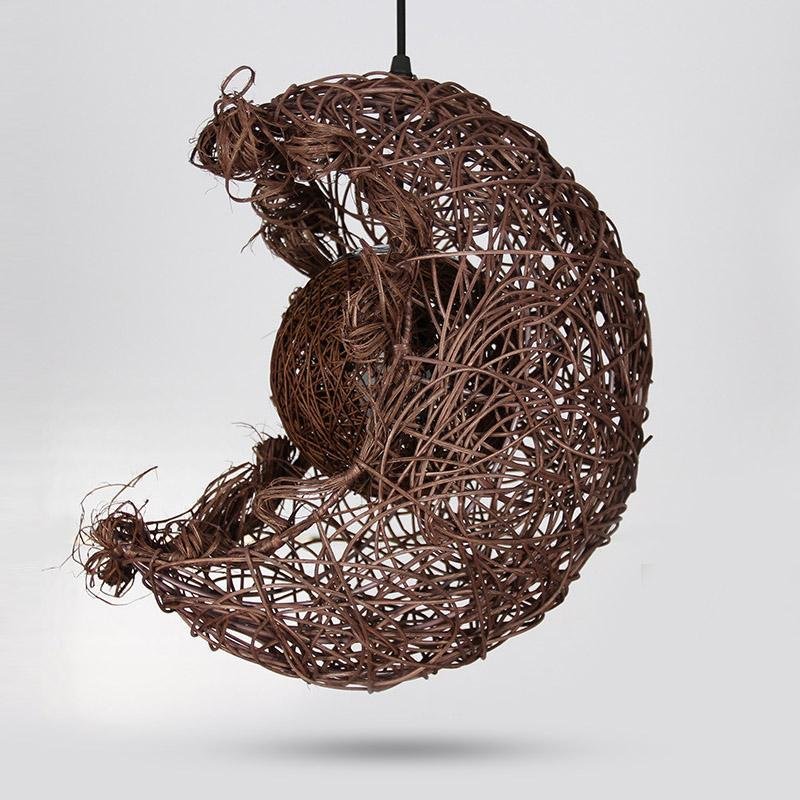 Natural Wicker Rattan Moon Pendant Light Farmhouse Boho Ceiling Hanging Lamp for Nursery Bedroom