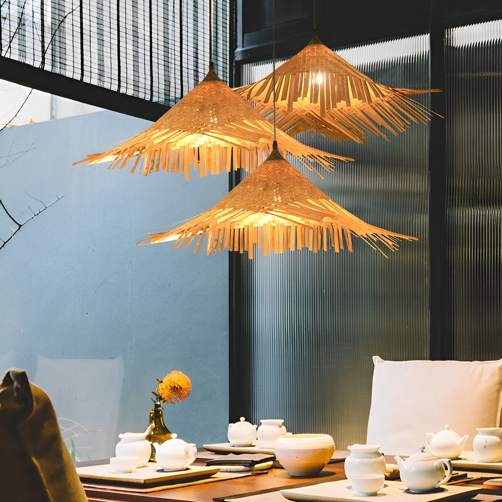 Natural Woven Bamboo Pendant Light Burlywood Coastal Ceiling Hanging Lamp for Kitchen and Dining Room