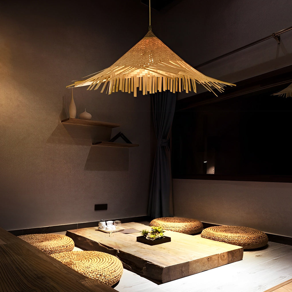 Natural Woven Bamboo Pendant Light Burlywood Coastal Ceiling Hanging Lamp for Kitchen and Dining Room