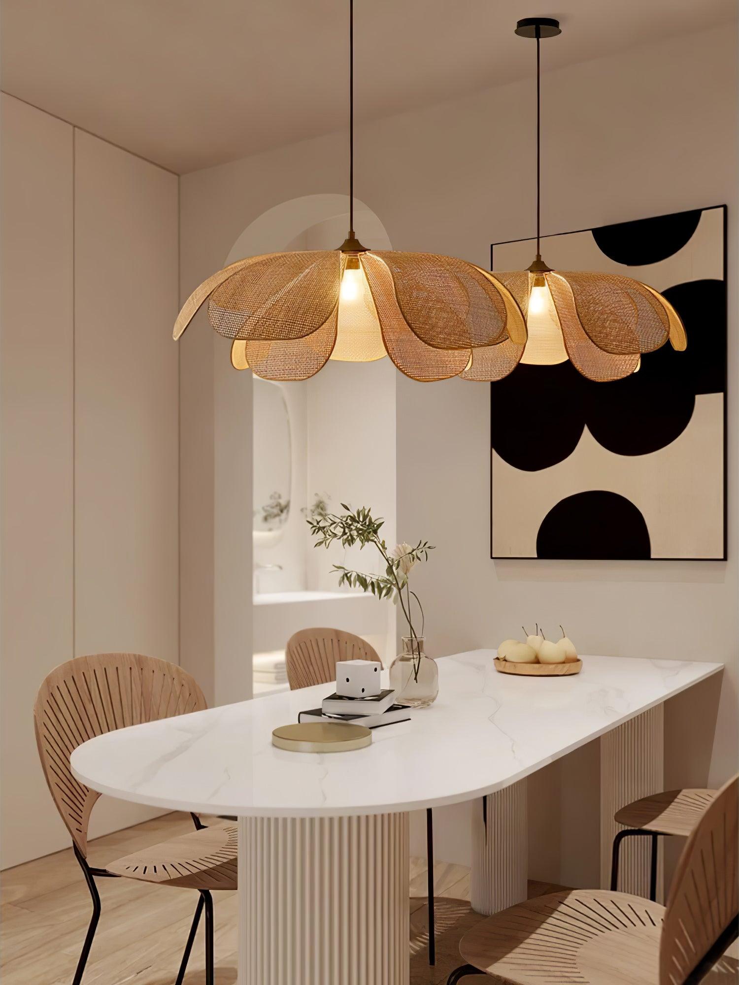 Natural Woven Rattan Petal Pendant Lamp Large Flower Shape Ceiling Hanging Light for Living Room