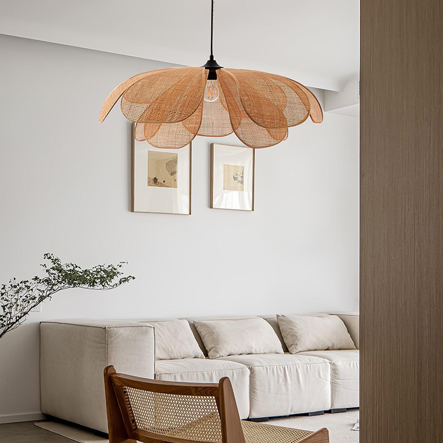 Natural Woven Rattan Petal Pendant Lamp Large Flower Shape Ceiling Hanging Light for Living Room