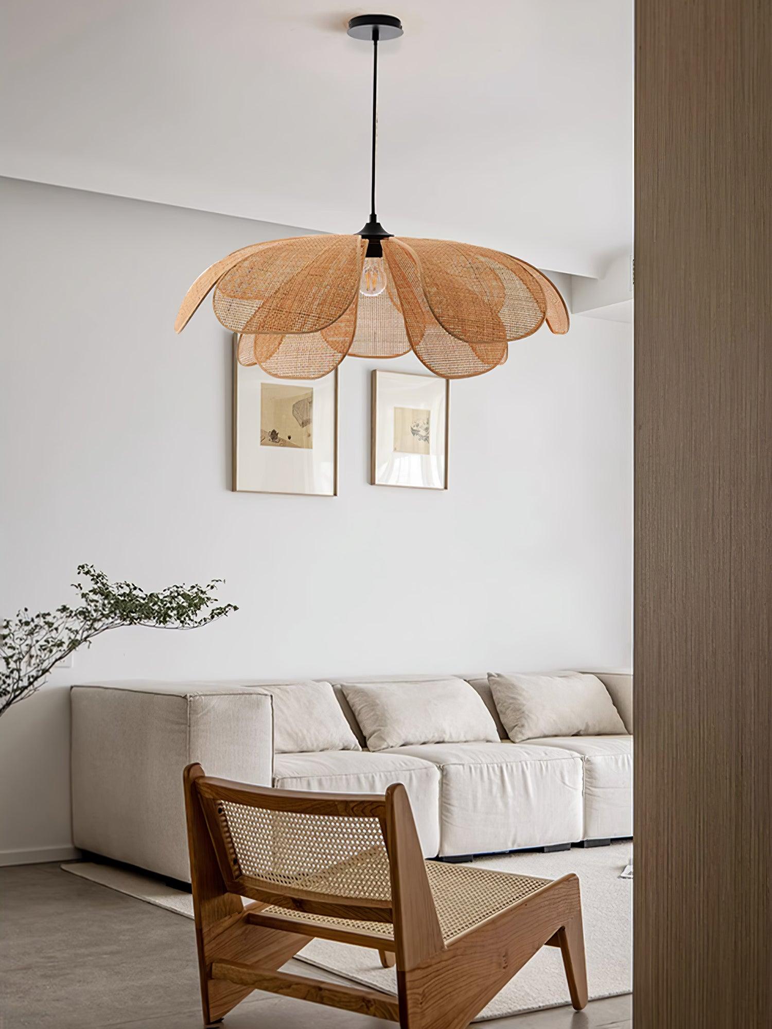 Natural Woven Rattan Petal Pendant Lamp Large Flower Shape Ceiling Hanging Light for Living Room