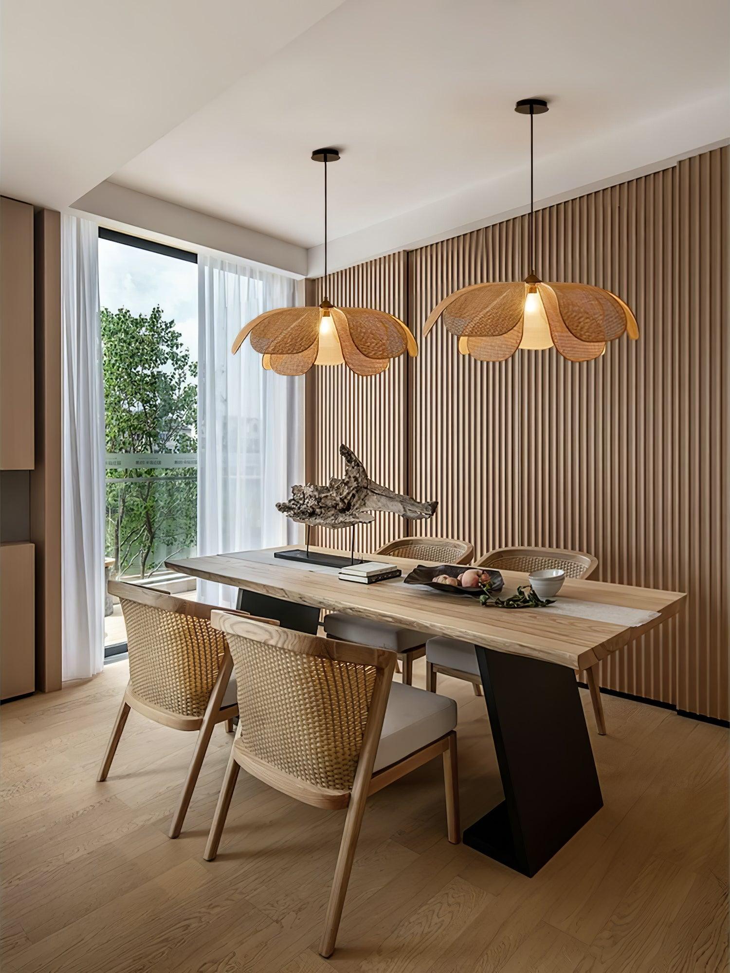 Natural Woven Rattan Petal Pendant Lamp Large Flower Shape Ceiling Hanging Light for Living Room