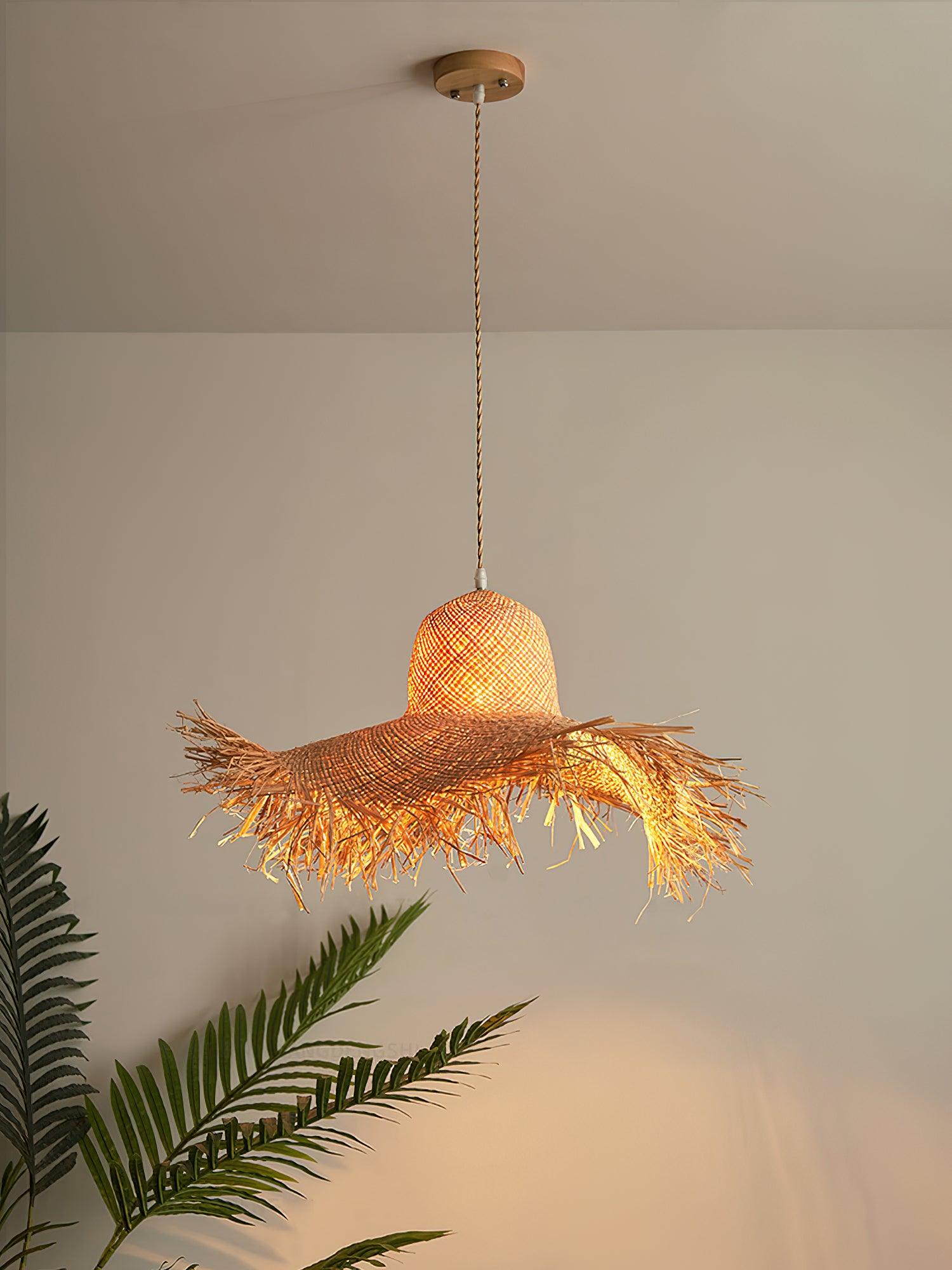 Natural Woven Rattan Straw Hat Hanging Pendant Light for Modern Coastal Homes