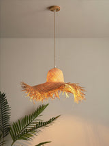 Natural Woven Rattan Straw Hat Hanging Pendant Light for Modern Coastal Homes
