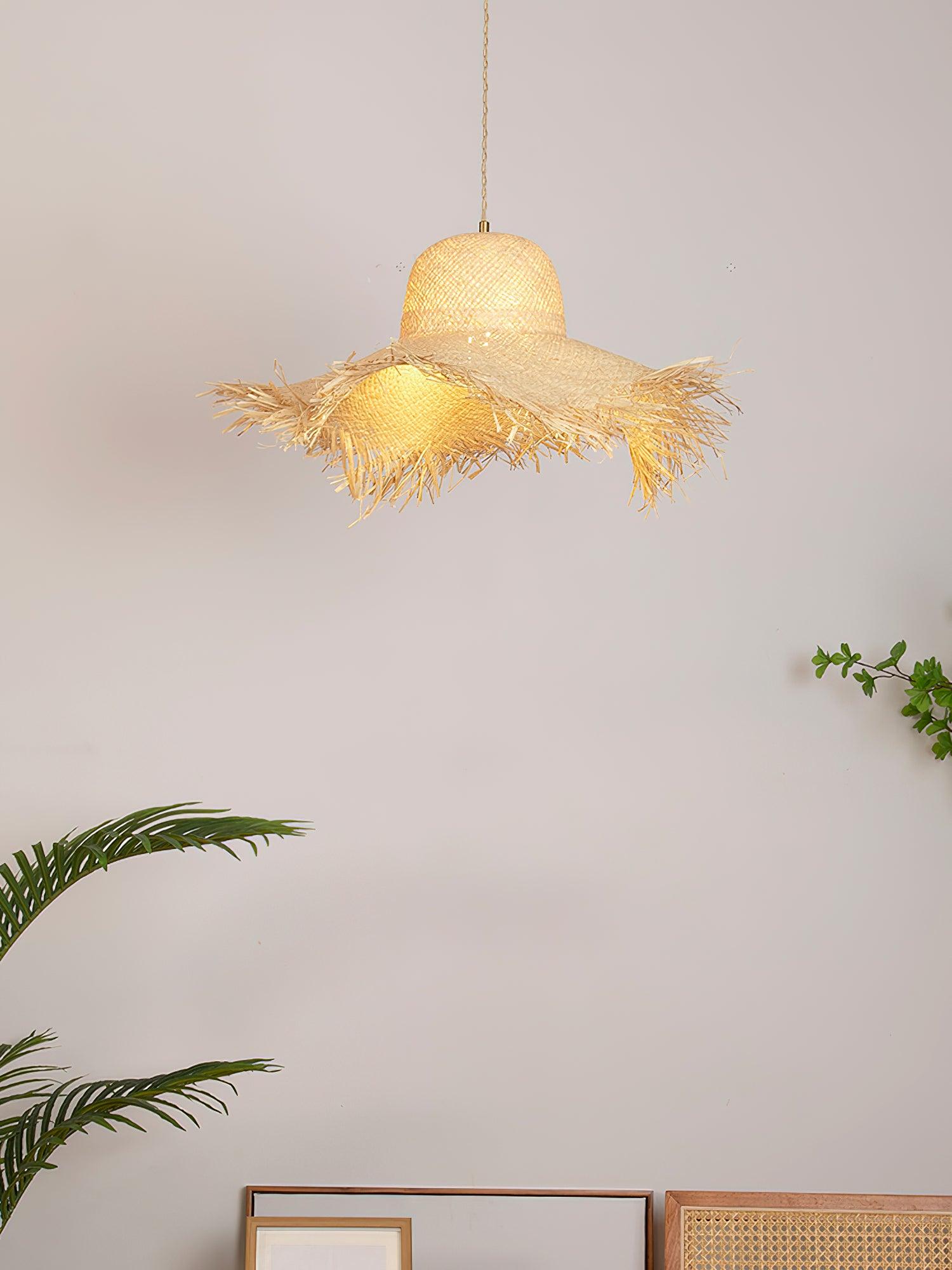 Natural Woven Rattan Straw Hat Hanging Pendant Light for Modern Coastal Homes