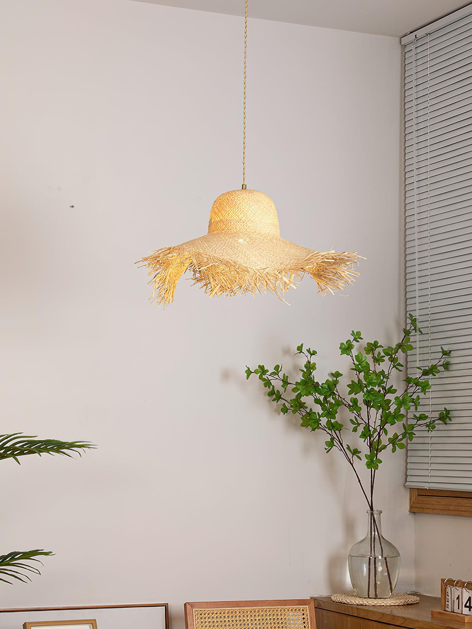 Natural Woven Rattan Straw Hat Hanging Pendant Light for Modern Coastal Homes