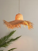 Natural Woven Rattan Straw Hat Hanging Pendant Light for Modern Coastal Homes