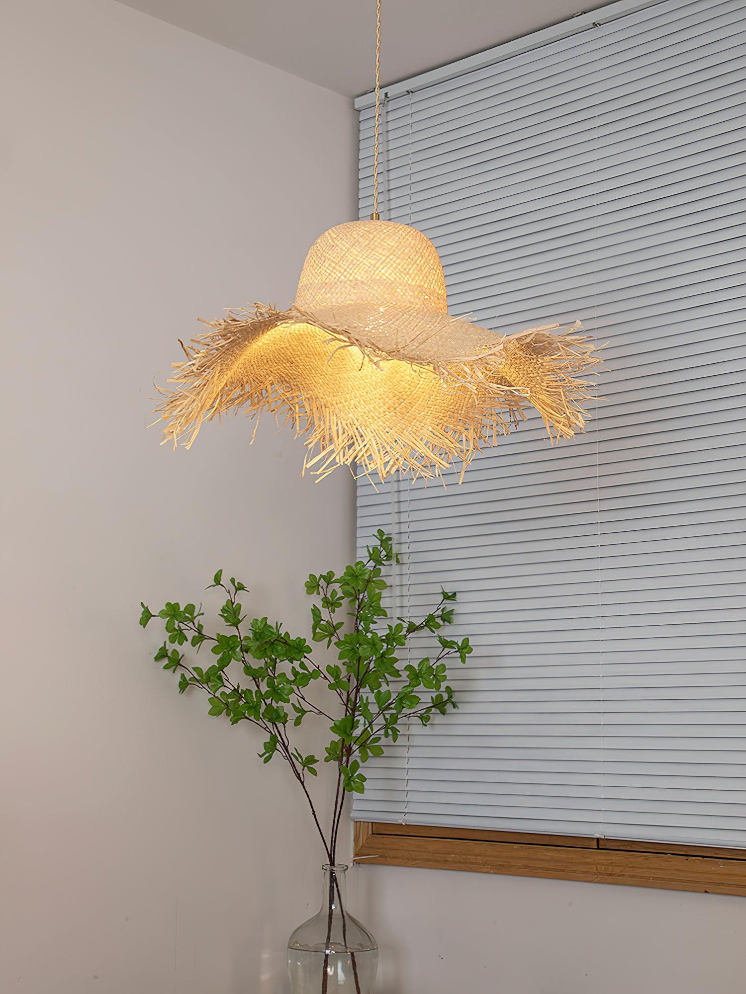 Natural Woven Rattan Straw Hat Hanging Pendant Light for Modern Coastal Homes