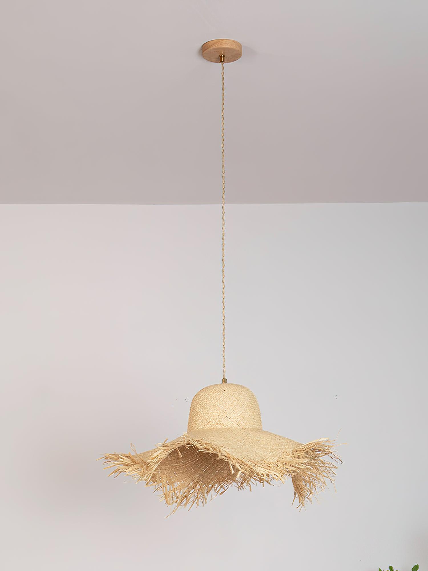 Natural Woven Rattan Straw Hat Hanging Pendant Light for Modern Coastal Homes