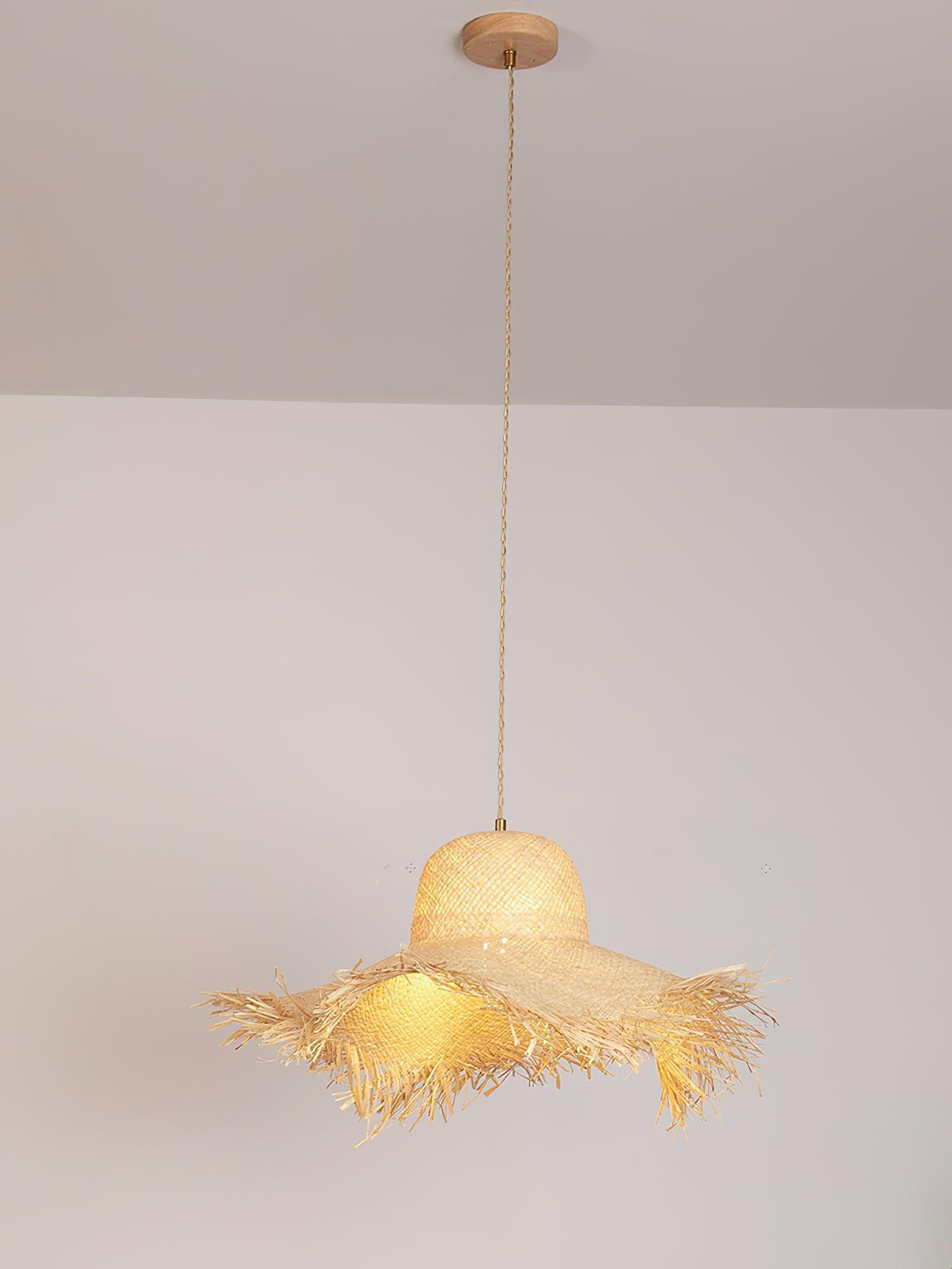 Natural Woven Rattan Straw Hat Hanging Pendant Light for Modern Coastal Homes