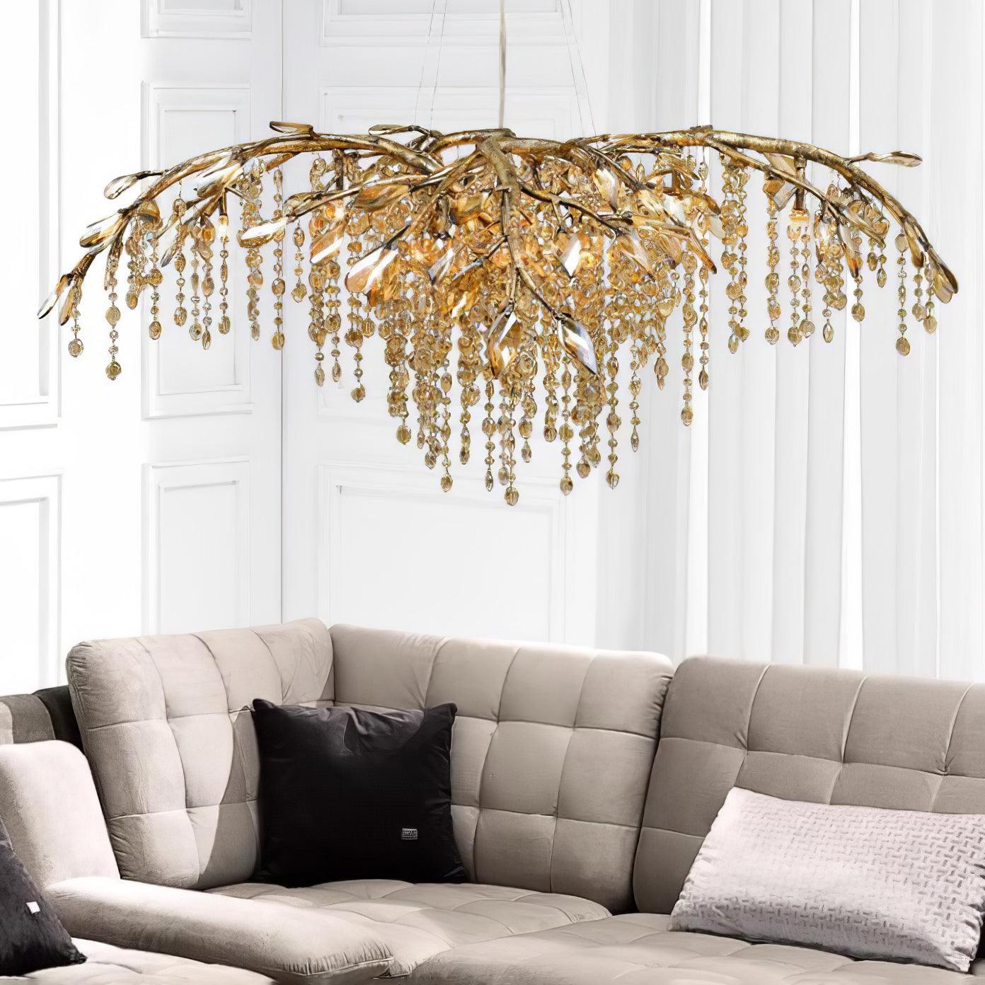 Nature Inspired Crystal Branch Chandelier with Glass Dewdrops and Metallic Finish