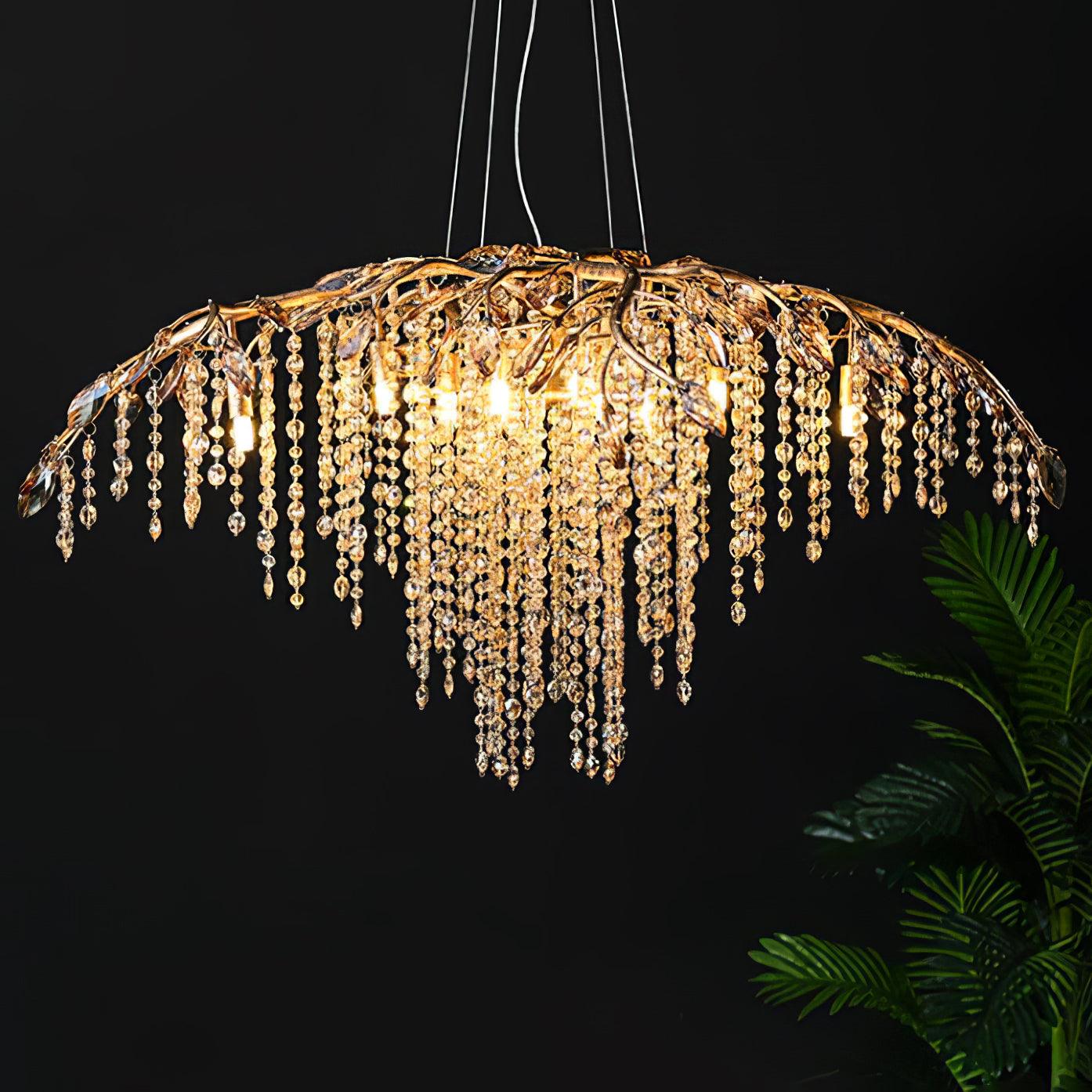 Nature Inspired Crystal Branch Chandelier with Glass Dewdrops and Metallic Finish