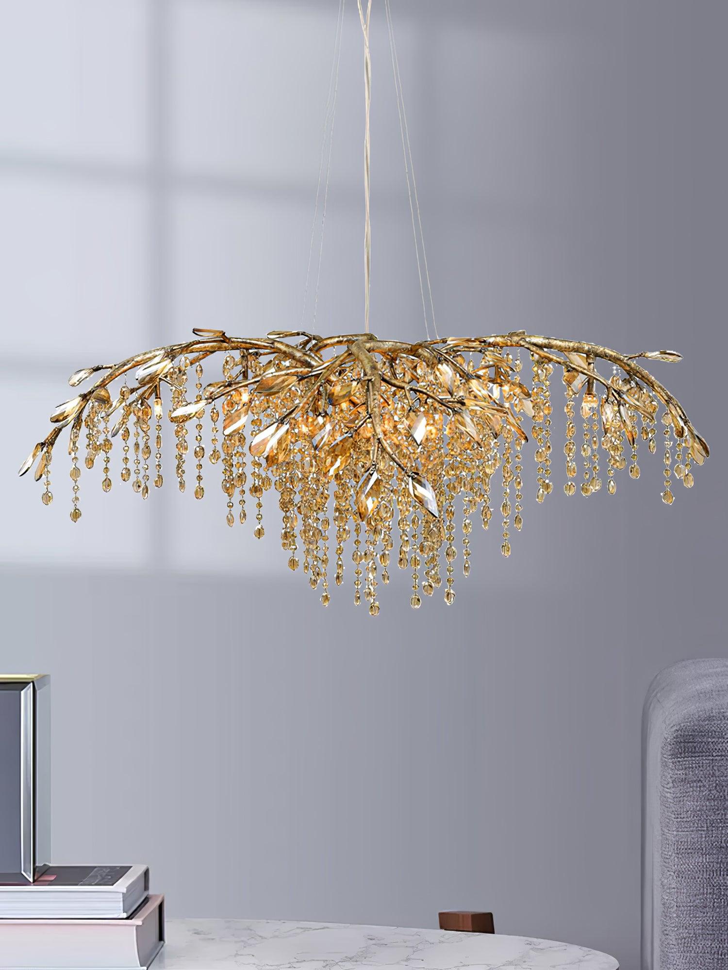 Nature Inspired Crystal Branch Chandelier with Glass Dewdrops and Metallic Finish