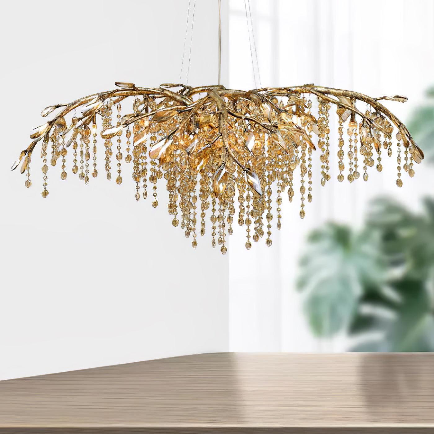 Nature Inspired Crystal Branch Chandelier with Glass Dewdrops and Metallic Finish