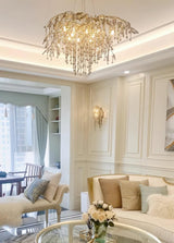 Nature Inspired Crystal Branch Chandelier with Glass Dewdrops and Metallic Finish