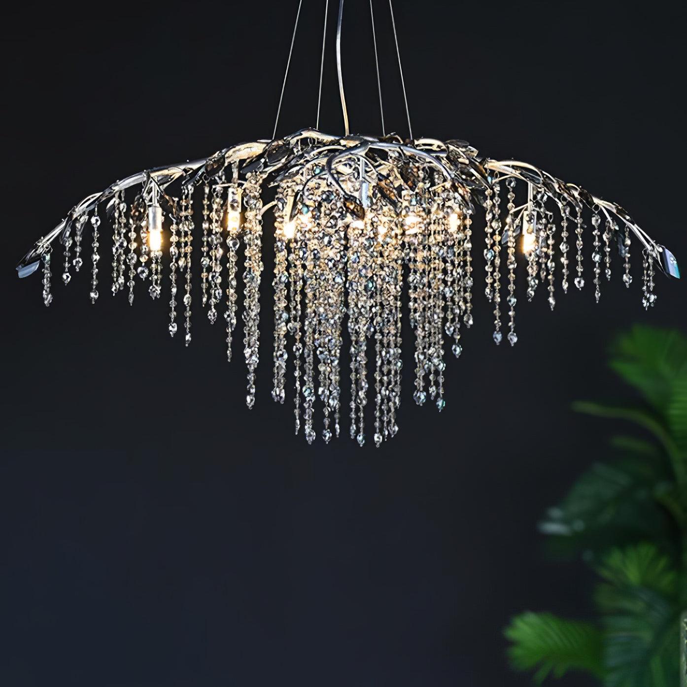 Nature Inspired Crystal Branch Chandelier with Glass Dewdrops and Metallic Finish