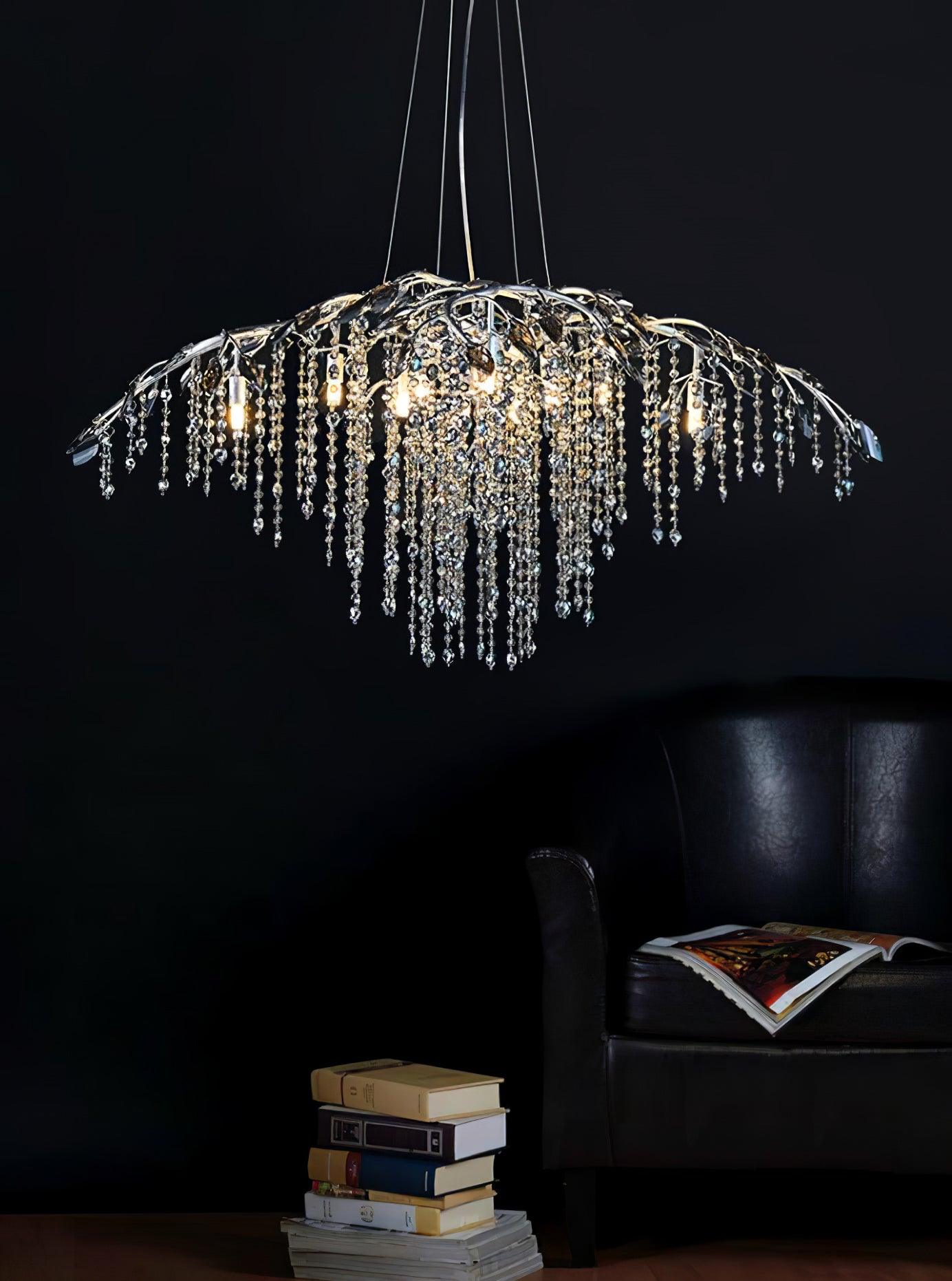 Nature Inspired Crystal Branch Chandelier with Glass Dewdrops and Metallic Finish