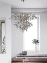 Nature Inspired Crystal Branch Chandelier with Glass Dewdrops and Metallic Finish