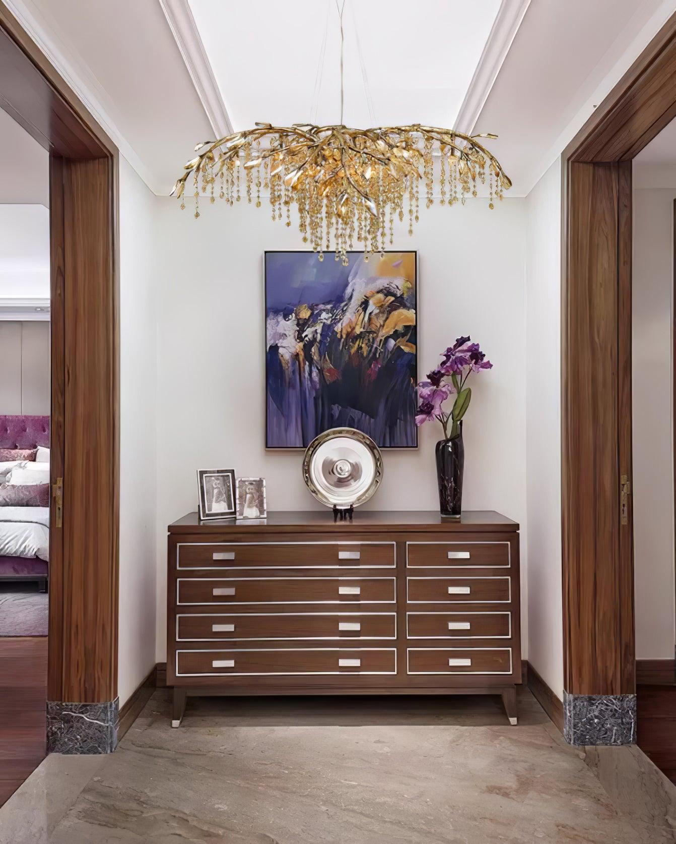 Nature Inspired Crystal Branch Chandelier with Glass Dewdrops and Metallic Finish