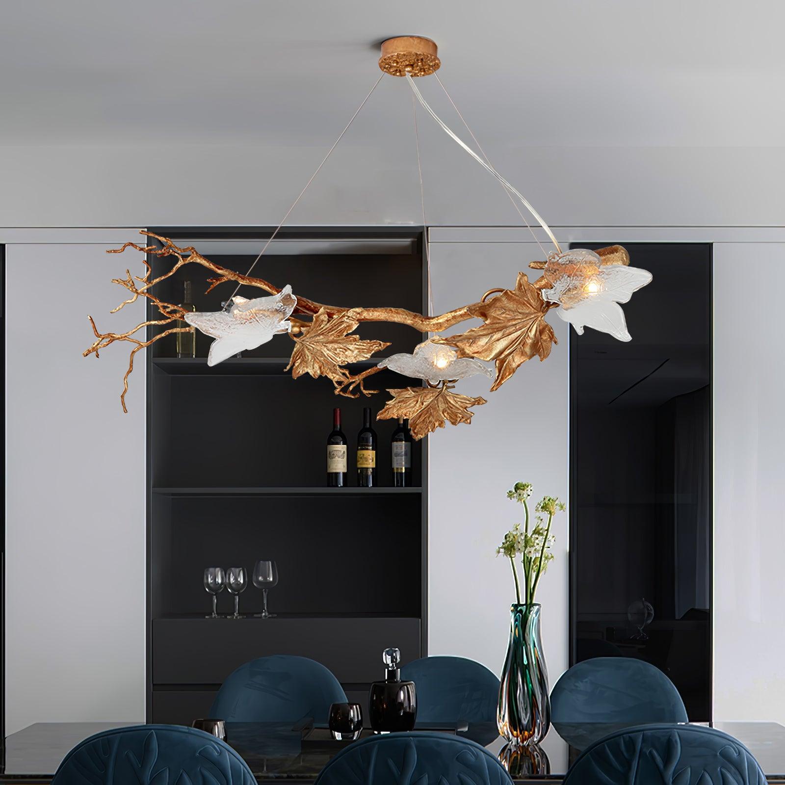 Nature Inspired Folio Brass Branch Chandelier with Glass Maple Leaf Accents