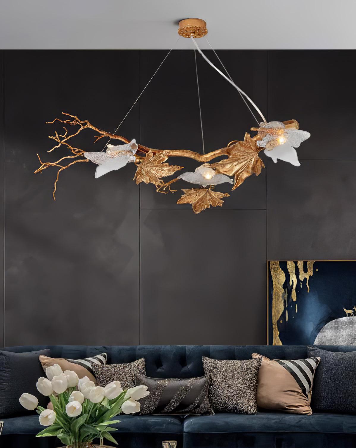 Nature Inspired Folio Brass Branch Chandelier with Glass Maple Leaf Accents