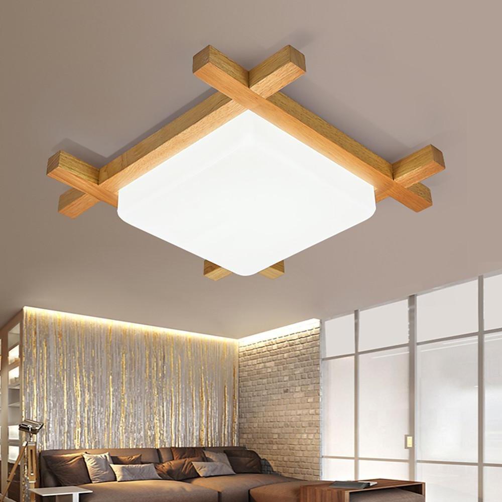 Square Natural Wood LED Flush Mount Ceiling Light Dimmable Modern Nordic Fixture for Home
