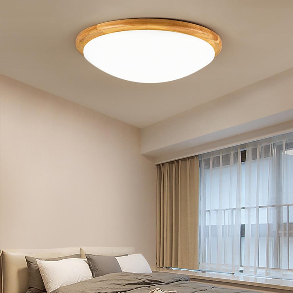 Modern Nordic Wood Flush Mount Ceiling Light 14 Inch Dimmable Bamboo LED Fixture for Bedroom and Office