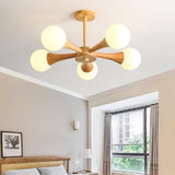 Nera Gasolier Wooden Chandelier with White Glass Globes for Mid Century Modern Interior Decor