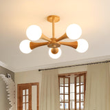 Nera Gasolier Wooden Chandelier with White Glass Globes for Mid Century Modern Interior Decor