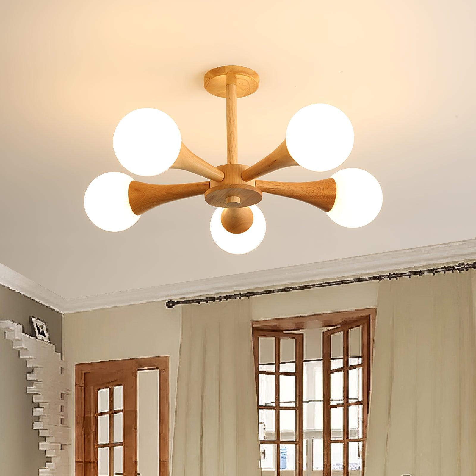 Nera Gasolier Wooden Chandelier with White Glass Globes for Mid Century Modern Interior Decor