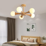 Nera Gasolier Wooden Chandelier with White Glass Globes for Mid Century Modern Interior Decor