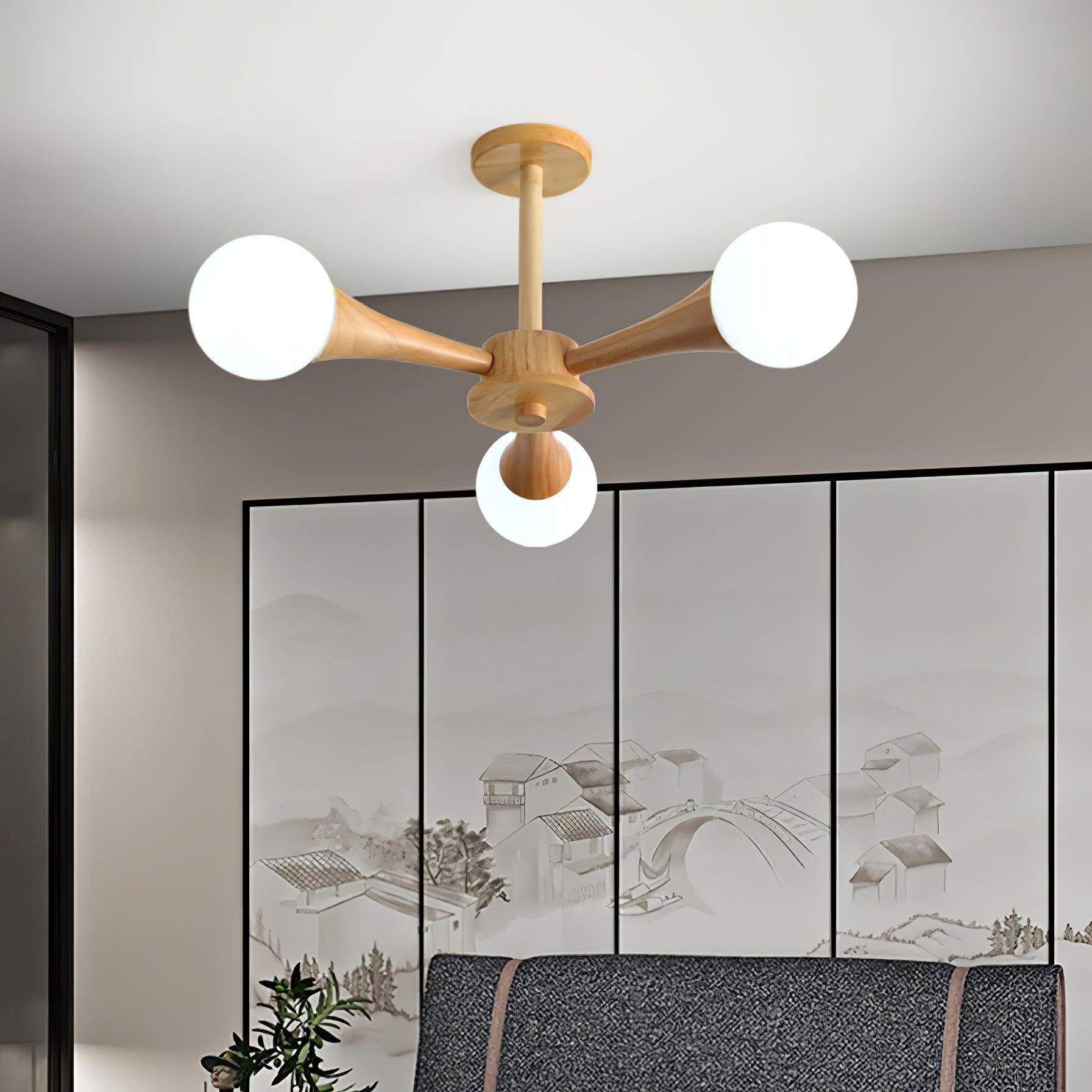 Nera Gasolier Wooden Chandelier with White Glass Globes for Mid Century Modern Interior Decor