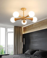 Nera Gasolier Wooden Chandelier with White Glass Globes for Mid Century Modern Interior Decor