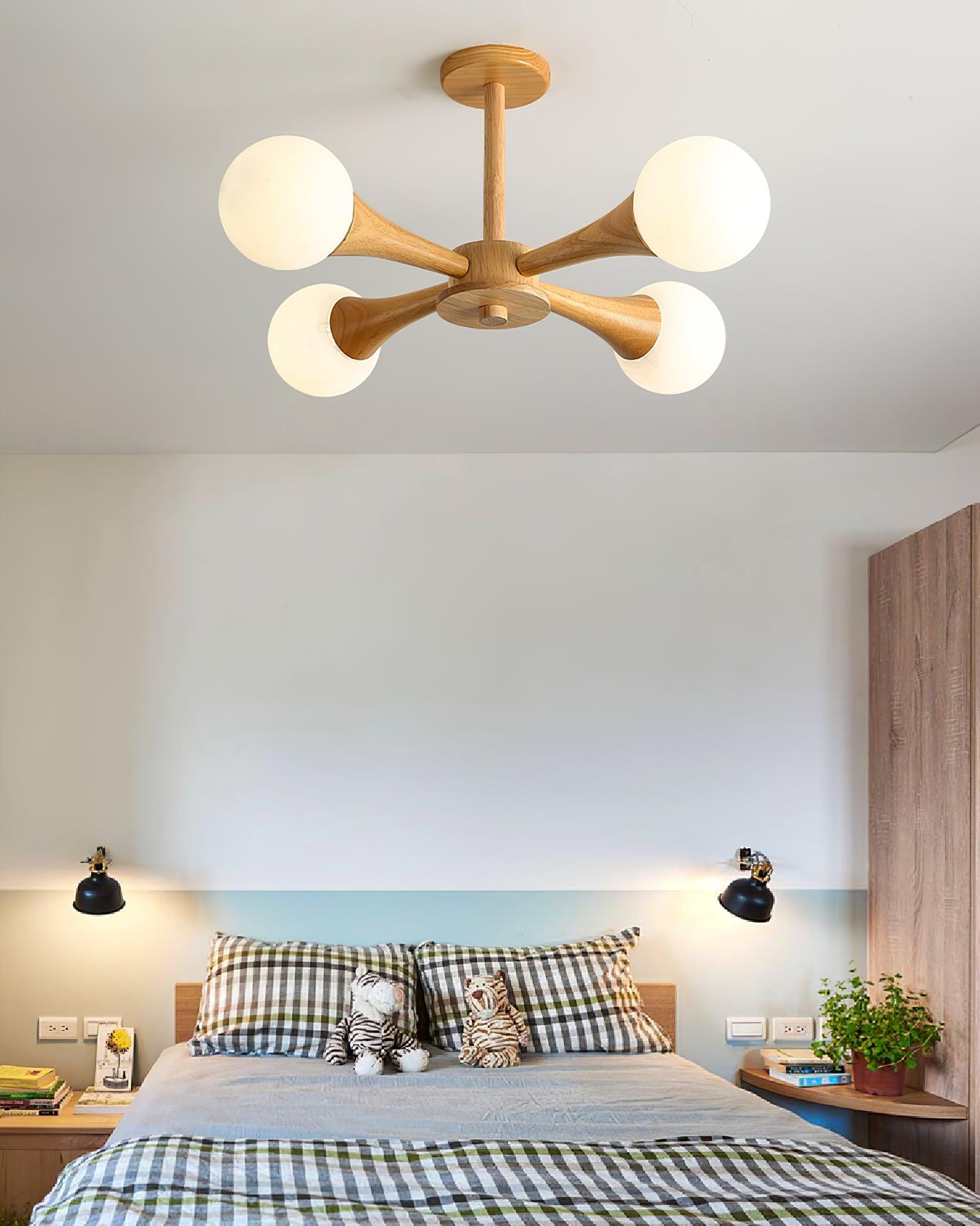 Nera Gasolier Wooden Chandelier with White Glass Globes for Mid Century Modern Interior Decor