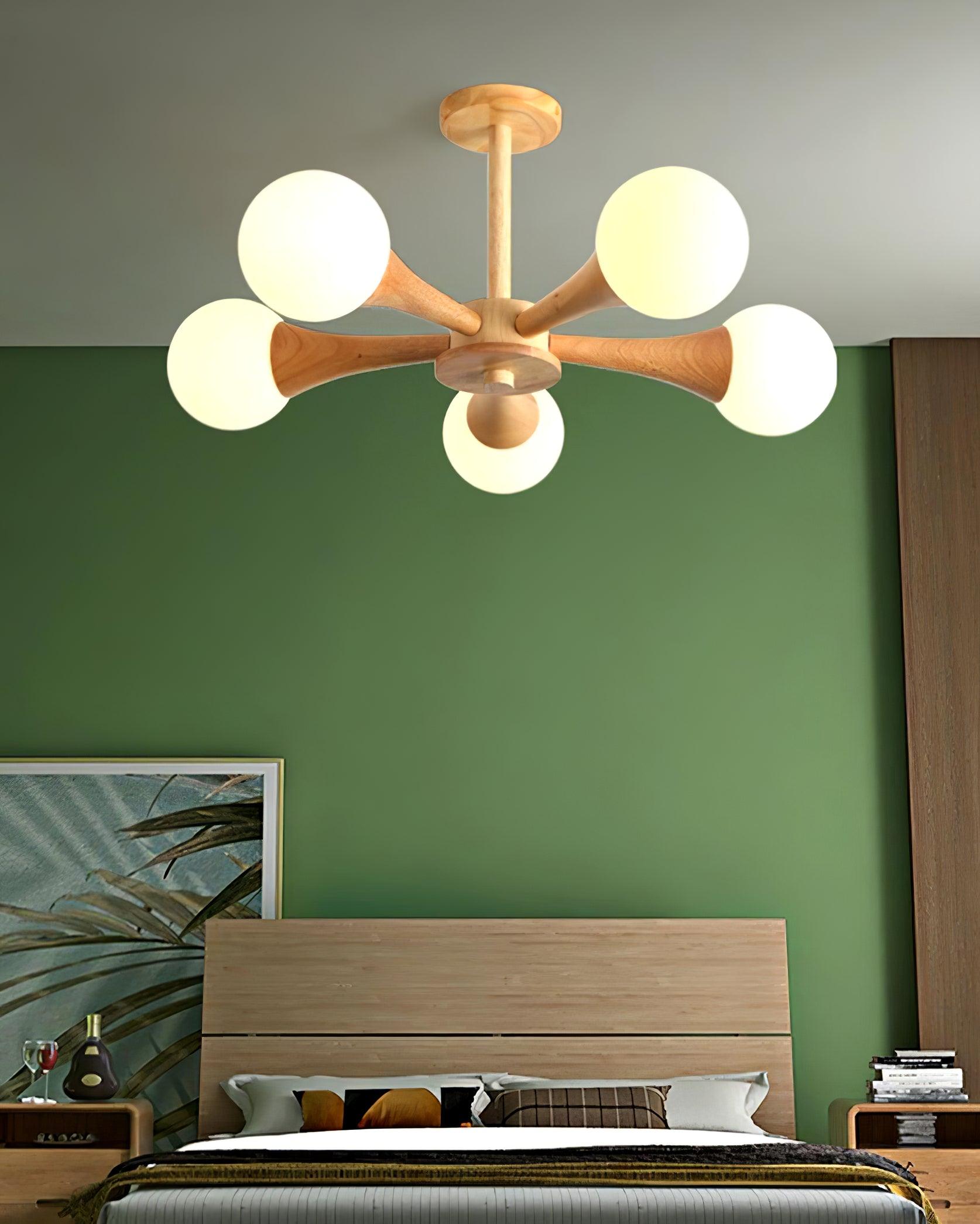 Nera Gasolier Wooden Chandelier with White Glass Globes for Mid Century Modern Interior Decor