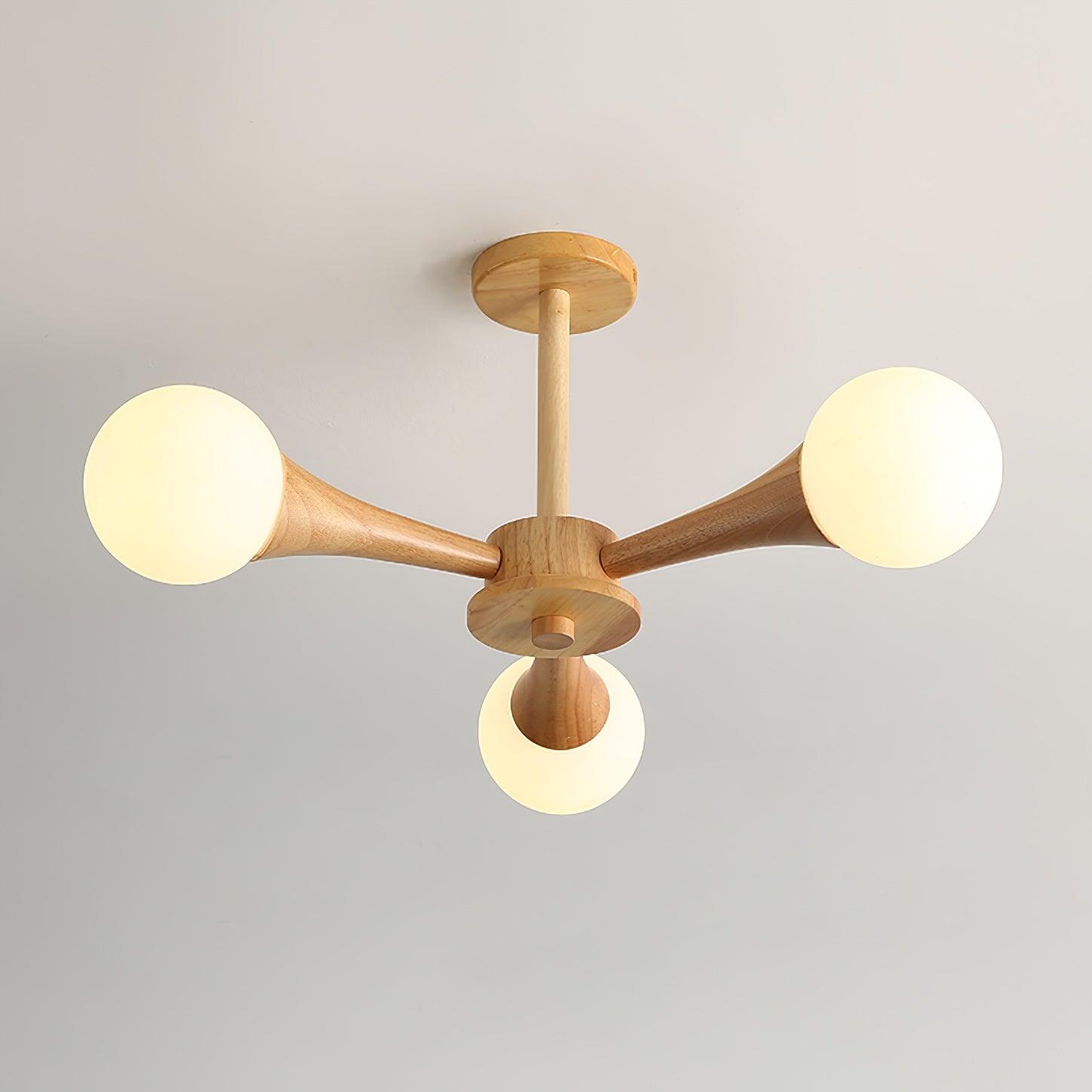 Nera Gasolier Wooden Chandelier with White Glass Globes for Mid Century Modern Interior Decor