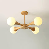 Nera Gasolier Wooden Chandelier with White Glass Globes for Mid Century Modern Interior Decor