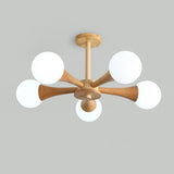 Nera Gasolier Wooden Chandelier with White Glass Globes for Mid Century Modern Interior Decor