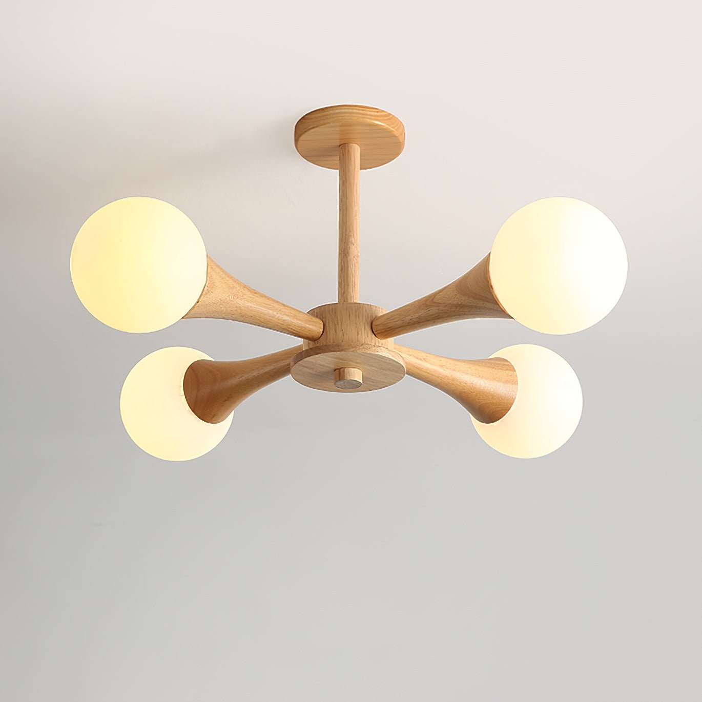 Nera Gasolier Wooden Chandelier with White Glass Globes for Mid Century Modern Interior Decor