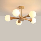 Nera Gasolier Wooden Chandelier with White Glass Globes for Mid Century Modern Interior Decor