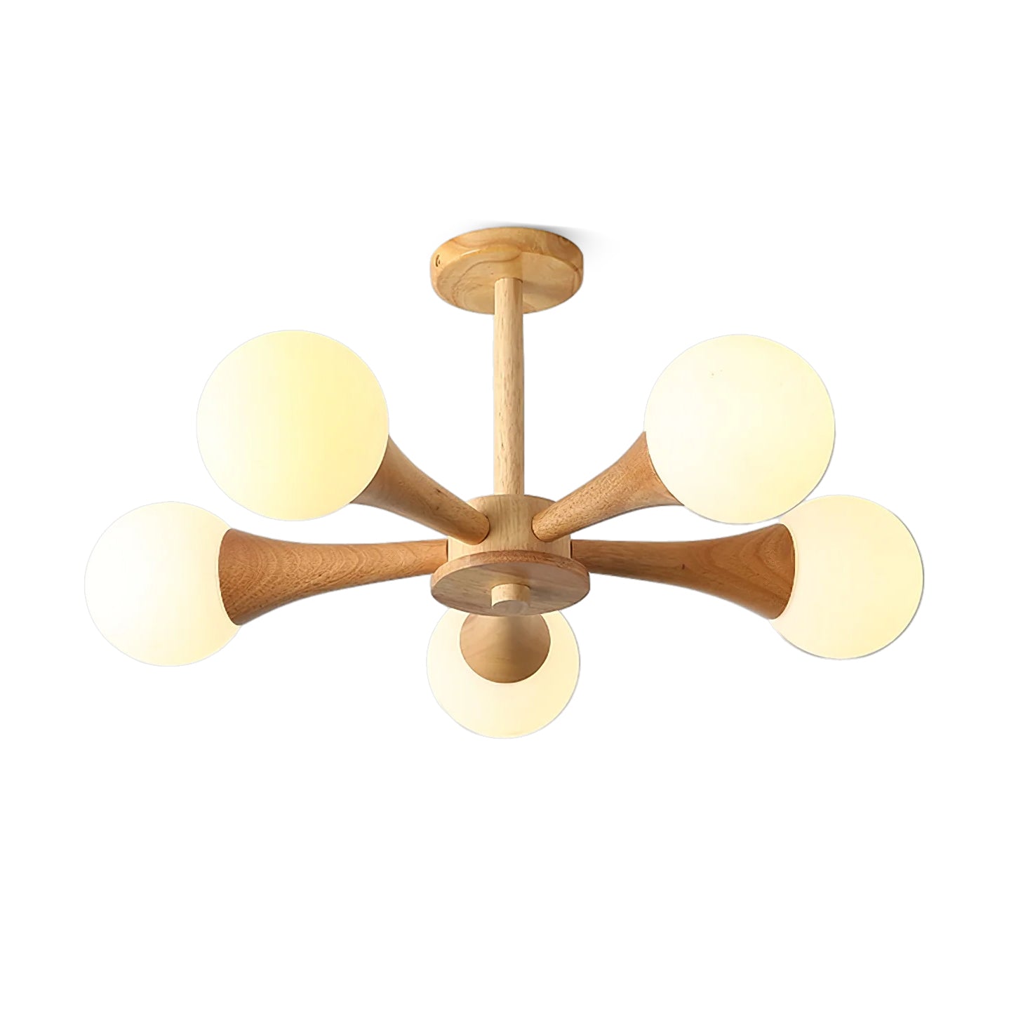 Nera Gasolier Wooden Chandelier with White Glass Globes for Mid Century Modern Interior Decor